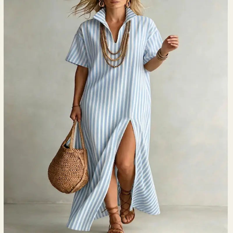 Women's Striped Slit Maxi Dress – V-Neck, Boho Flowy Summer Vicsxox.com