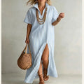 Women's Striped Slit Maxi Dress – V-Neck, Boho Flowy Summer Vicsxox.com