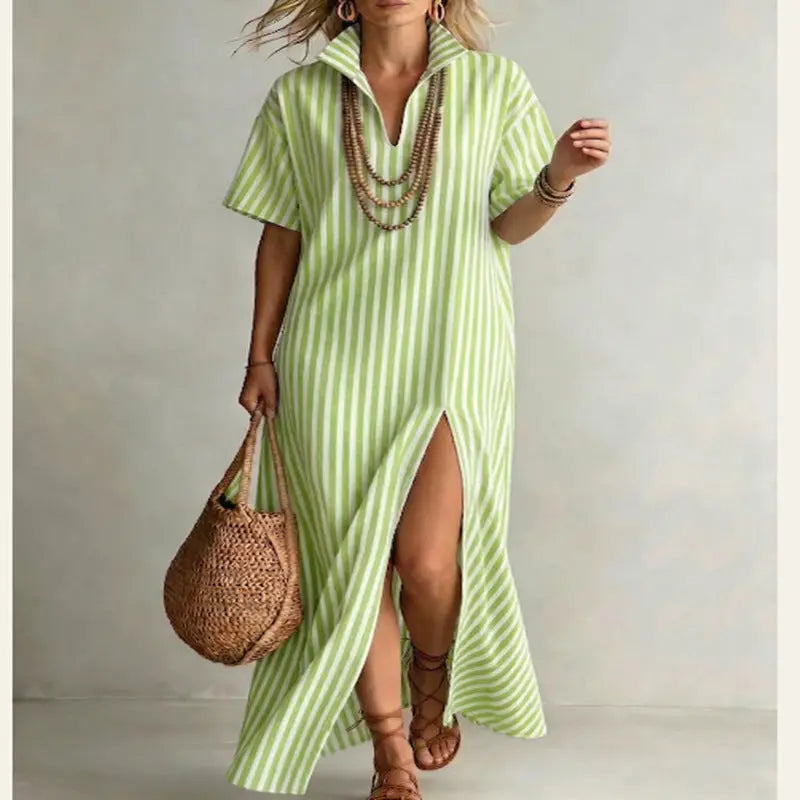 Women's Striped Slit Maxi Dress – V-Neck, Boho Flowy Summer Vicsxox.com