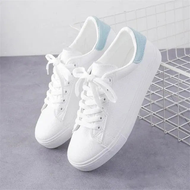 Women's White Platform Sneakers – Breathable Leather Lace-Up Casual Trainers Vicsxox.com