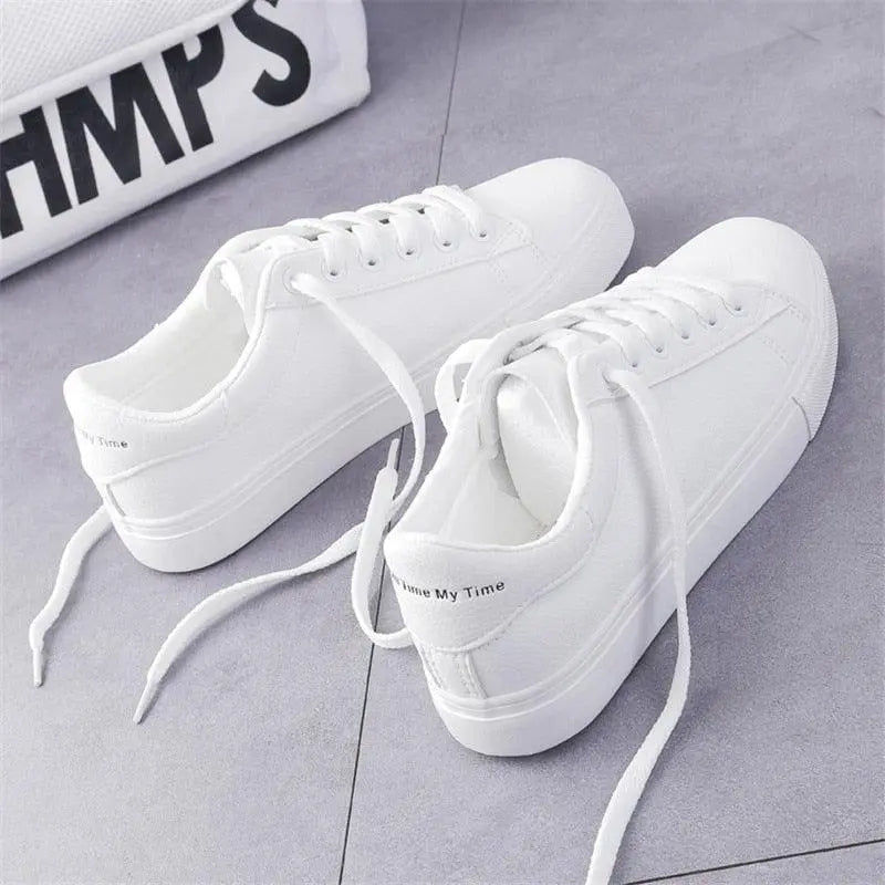 Women's White Platform Sneakers – Breathable Leather Lace-Up Casual Trainers Vicsxox.com