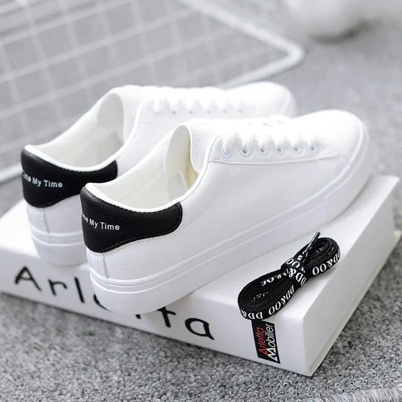 Women's White Platform Sneakers – Breathable Leather Lace-Up Casual Trainers Vicsxox.com
