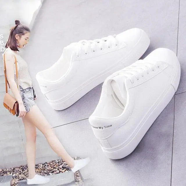 Women's White Platform Sneakers – Breathable Leather Lace-Up Casual Trainers Vicsxox.com