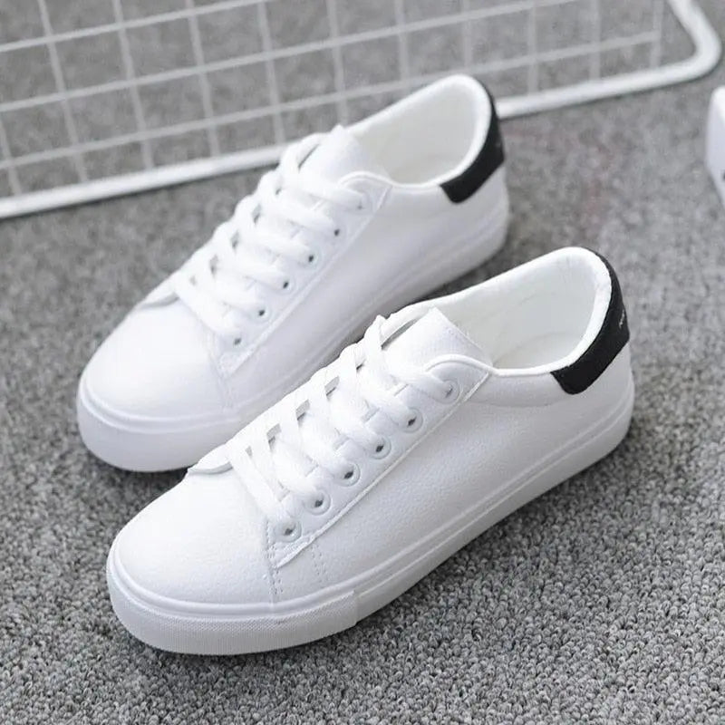 Women's White Platform Sneakers – Breathable Leather Lace-Up Casual Trainers Vicsxox.com