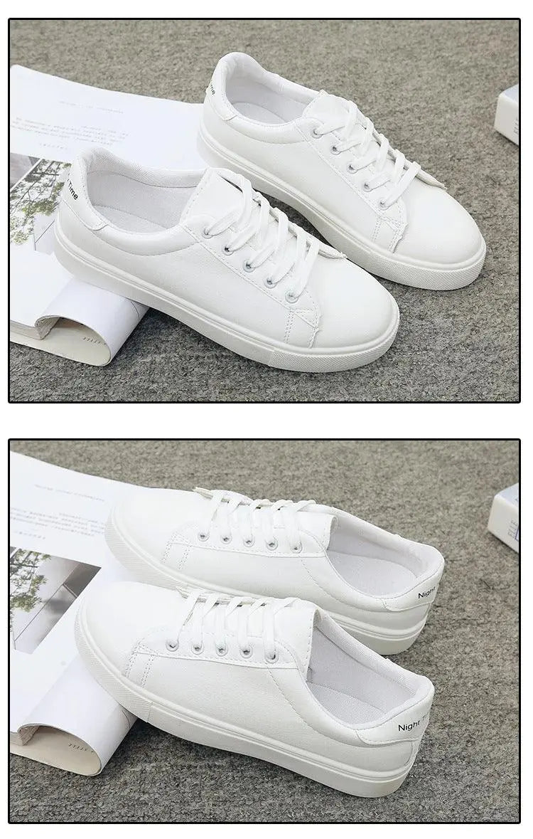 Women's White Platform Sneakers – Breathable Leather Lace-Up Casual Trainers Vicsxox.com