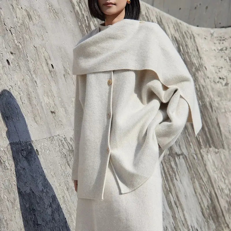 Women's Wool Blend Cape Collar Coat – Mid-Length Button-Front Winter Jacket | Beige, White & Coffee Vicsxox.com
