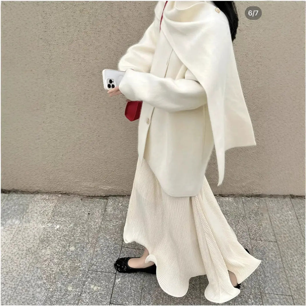 Women's Wool Blend Cape Collar Coat – Mid-Length Button-Front Winter Jacket | Beige, White & Coffee