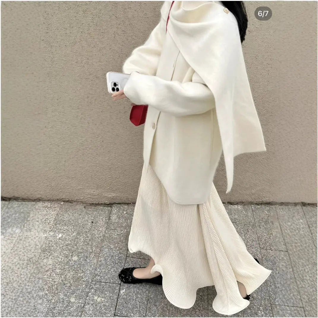 Women's Wool Blend Cape Collar Coat – Mid-Length Button-Front Winter Jacket | Beige, White & Coffee