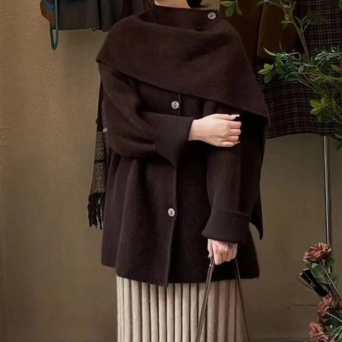 Women's Wool Blend Cape Collar Coat – Mid-Length Button-Front Winter Jacket | Beige, White & Coffee Vicsxox.com