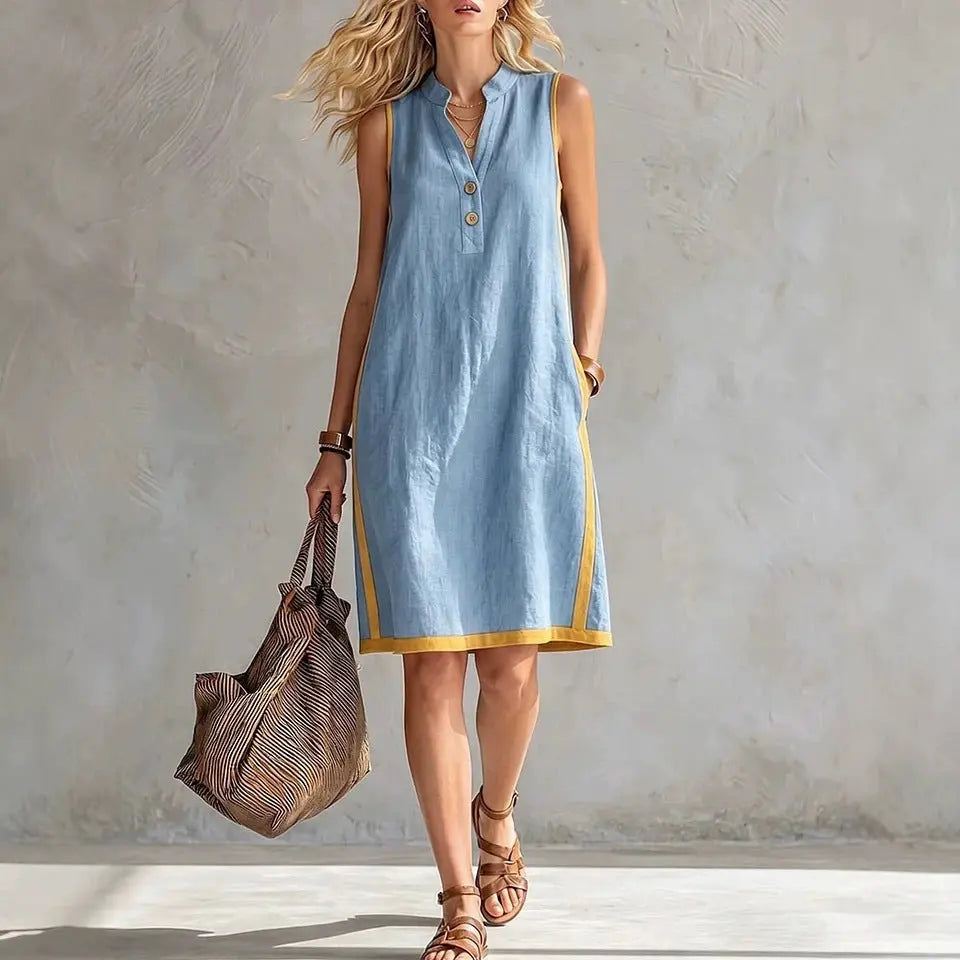 Woman wearing a light blue dress with yellow trim, holding a brown bag against a plain background.