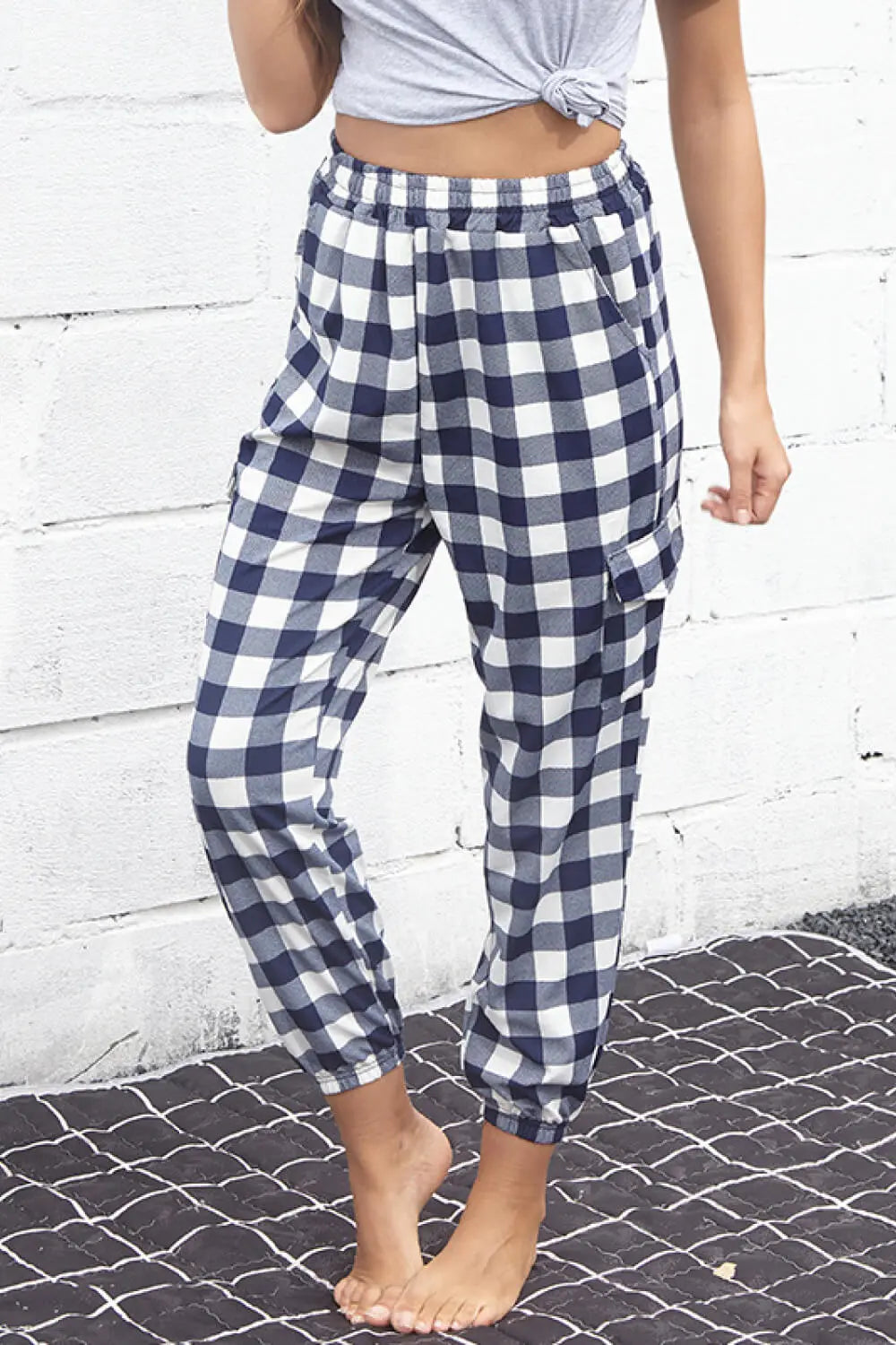 Plaid elastic high waist cargo pants, front view