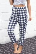 Plaid elastic high waist cargo pants, front view