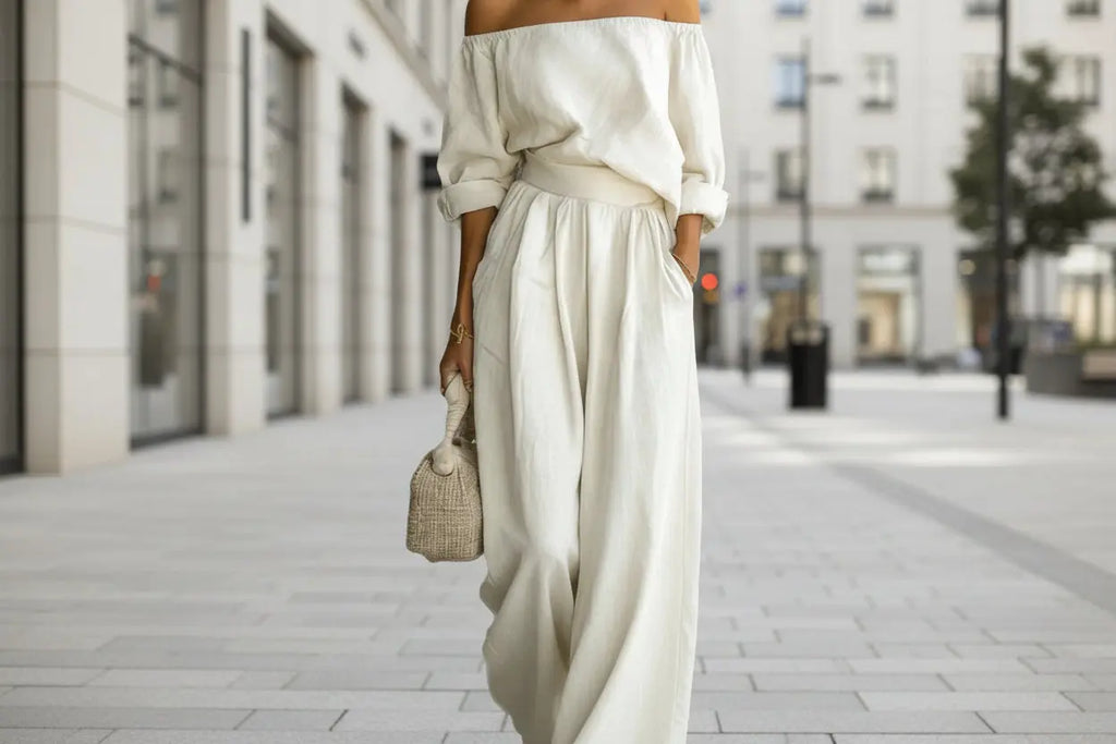 Person wearing a white outfit with wide-leg pants and holding a beige bag on a city street.