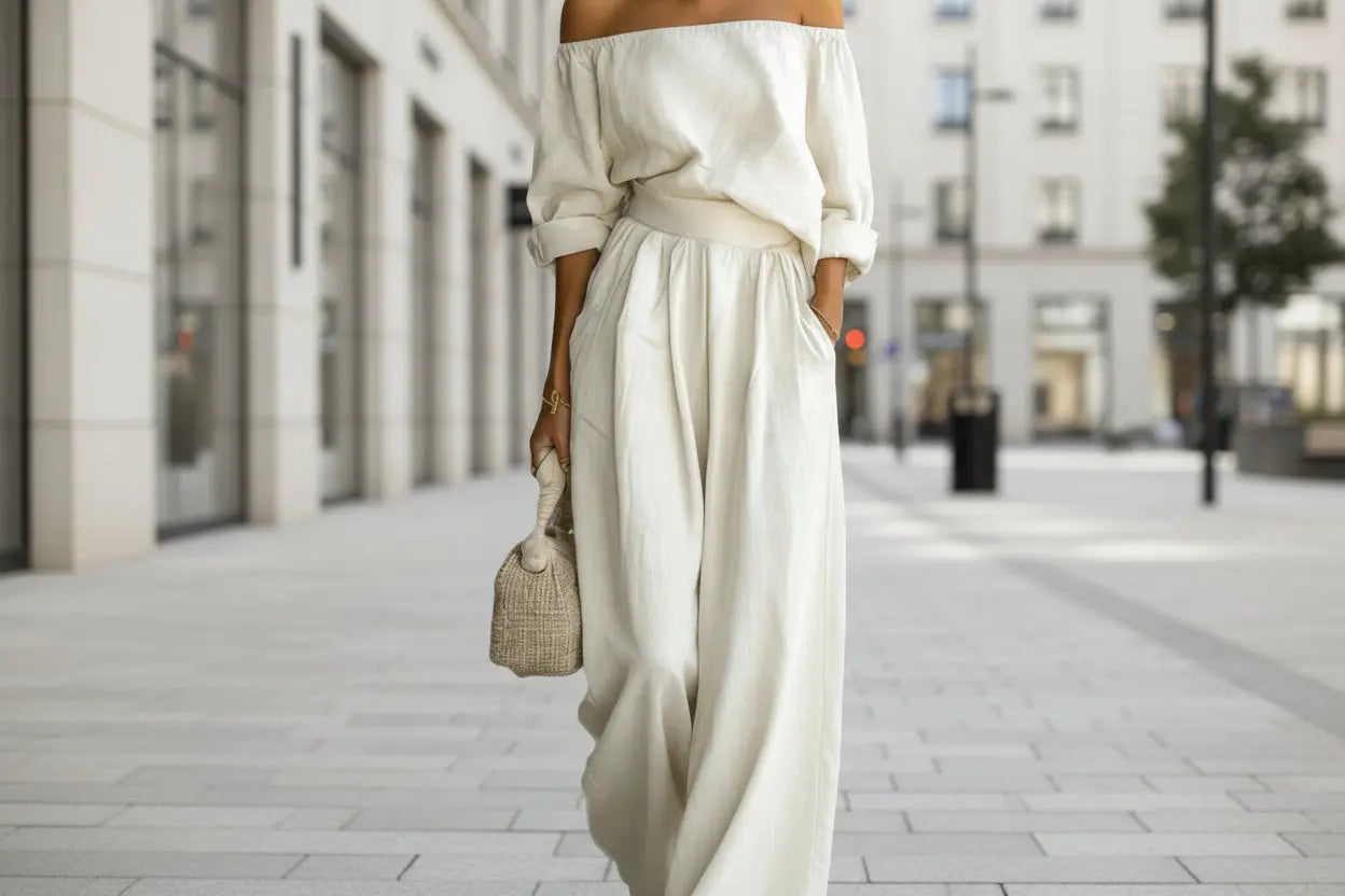Person wearing a white outfit with wide-leg pants and holding a beige bag on a city street.