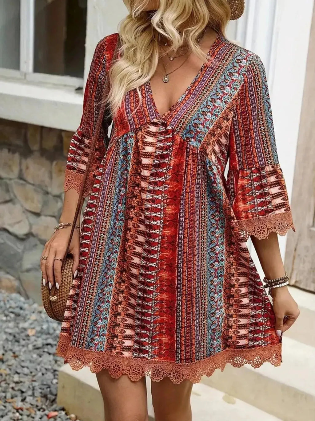 Printed V-Neck A-Line Dress Shopimist