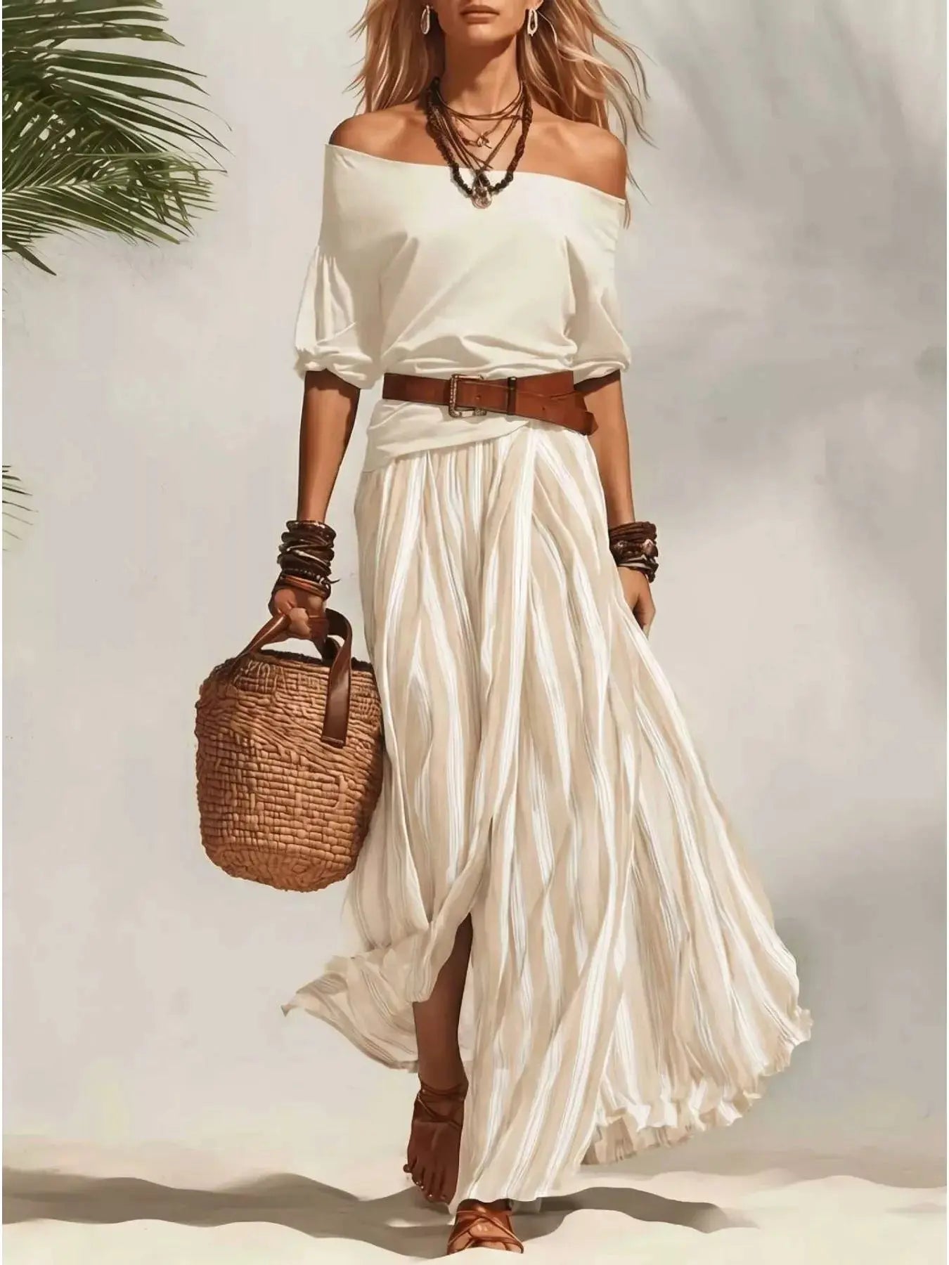 Women's Off-Shoulder Top & Striped Maxi Skirt Set – 9 Colors, S–2XL Vicsxox
