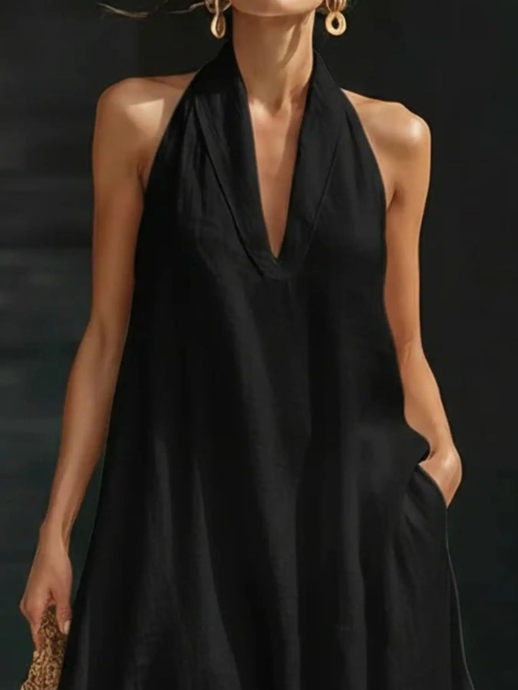 Close-up of halter neckline on maxi dress