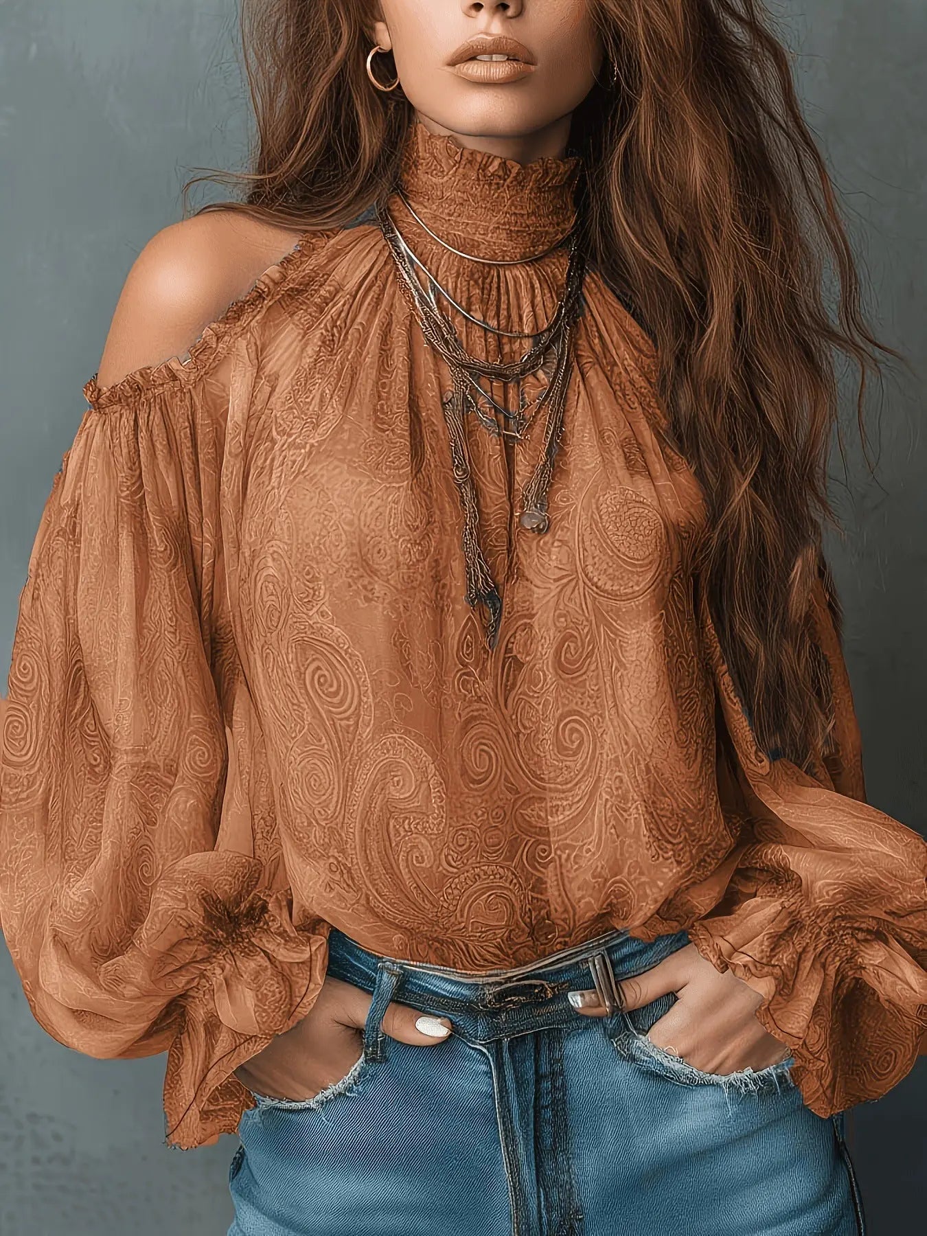 Women's Retro Paisley Print Off-Shoulder Blouse – Lantern Sleeves, 4 Colors Vicsxox