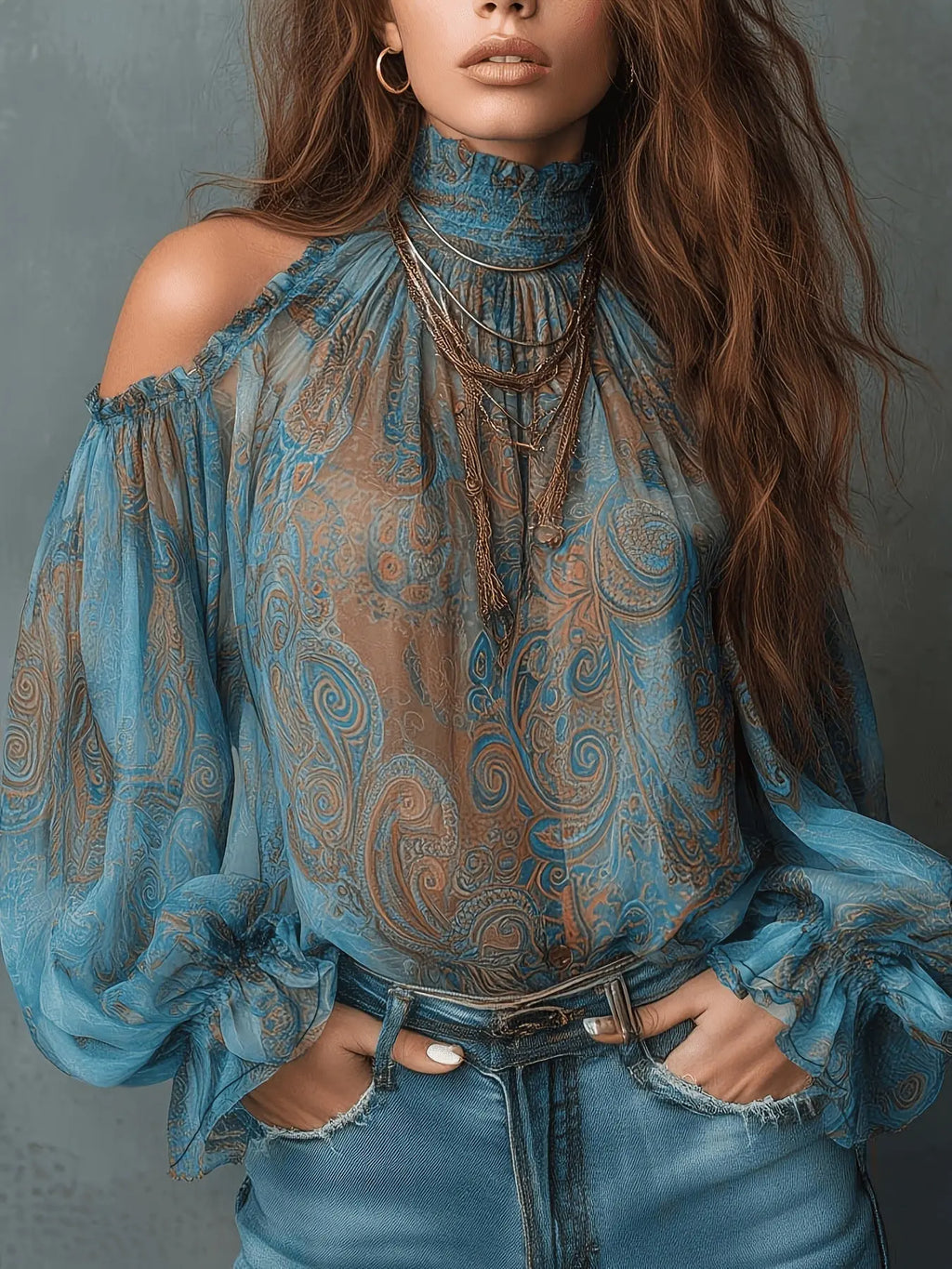 Women's Retro Paisley Print Off-Shoulder Blouse – Lantern Sleeves, 4 Colors Vicsxox