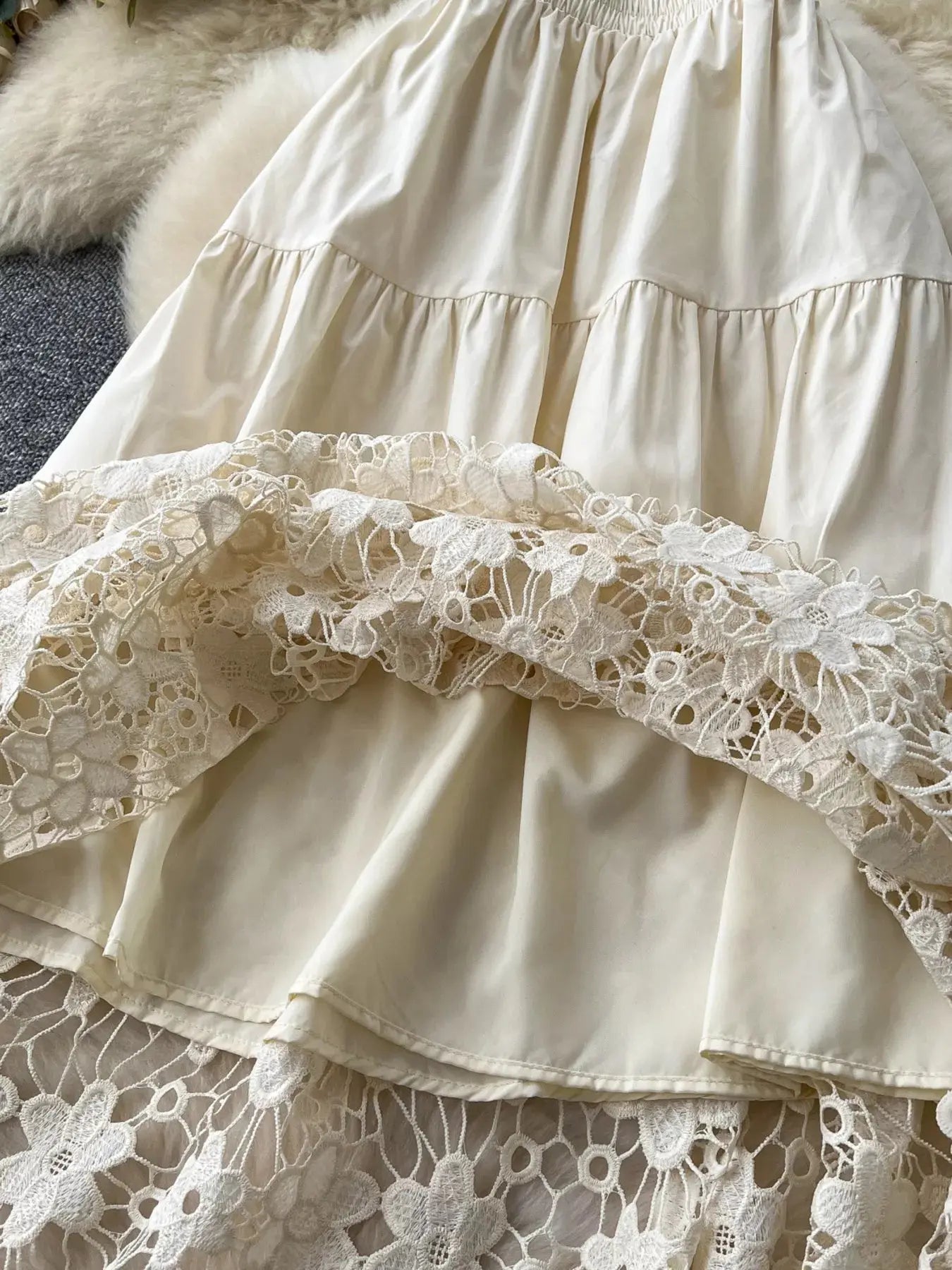 Lace tiered elastic waist skirt styled on model
