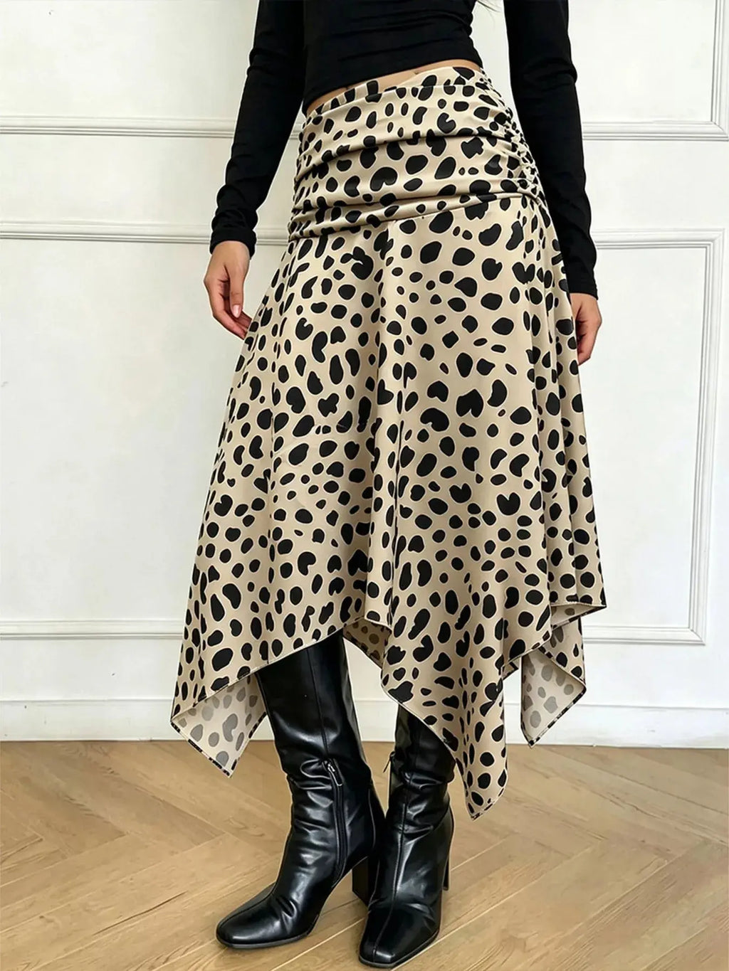 Leopard print asymmetrical hem midi skirt, front view