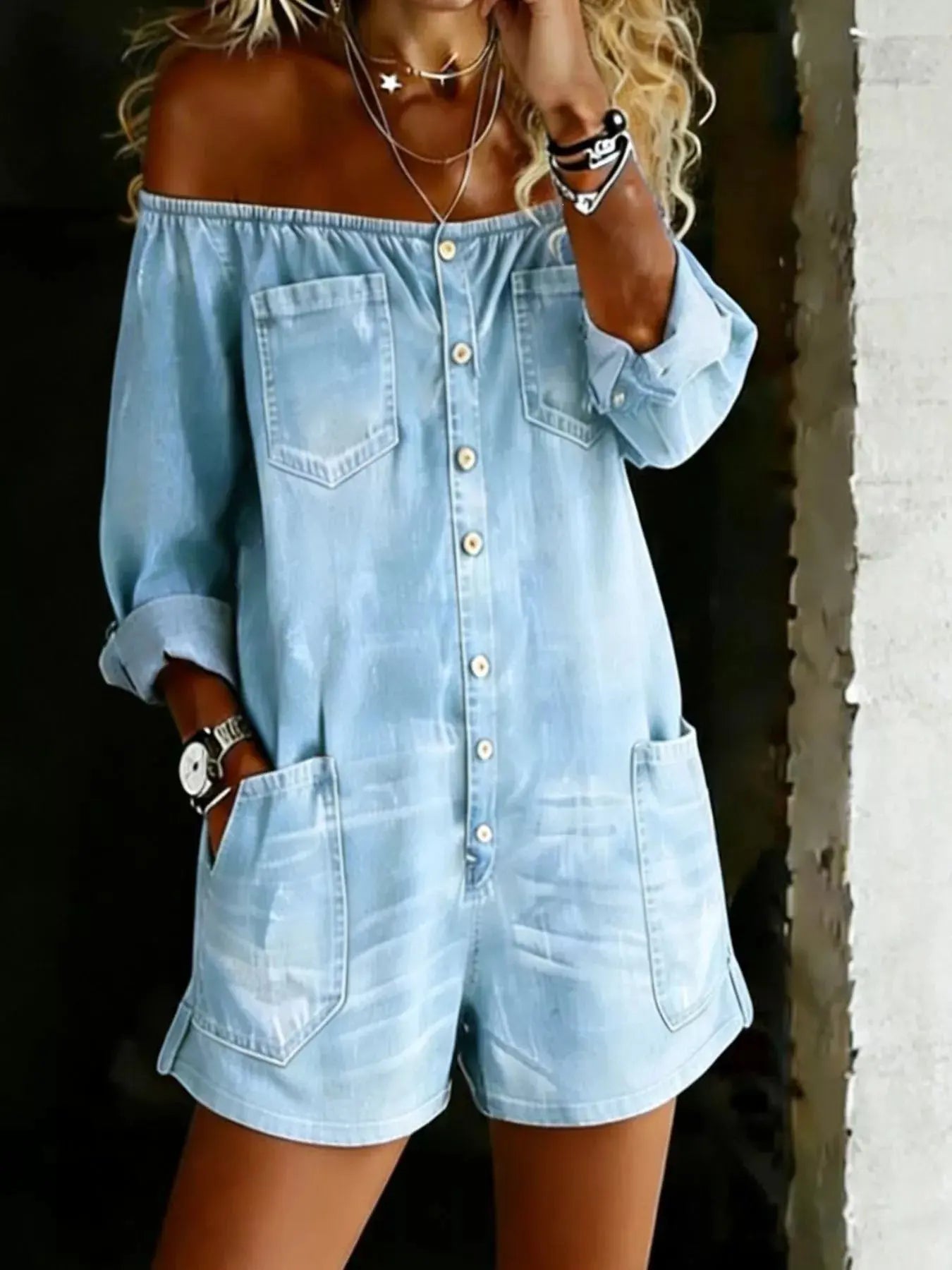 Side view of plus-size off shoulder romper