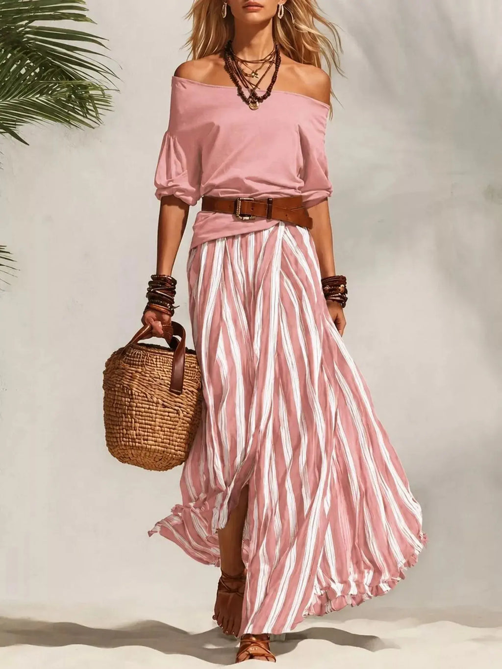 Women's Off-Shoulder Top & Striped Maxi Skirt Set – 9 Colors, S–2XL Vicsxox