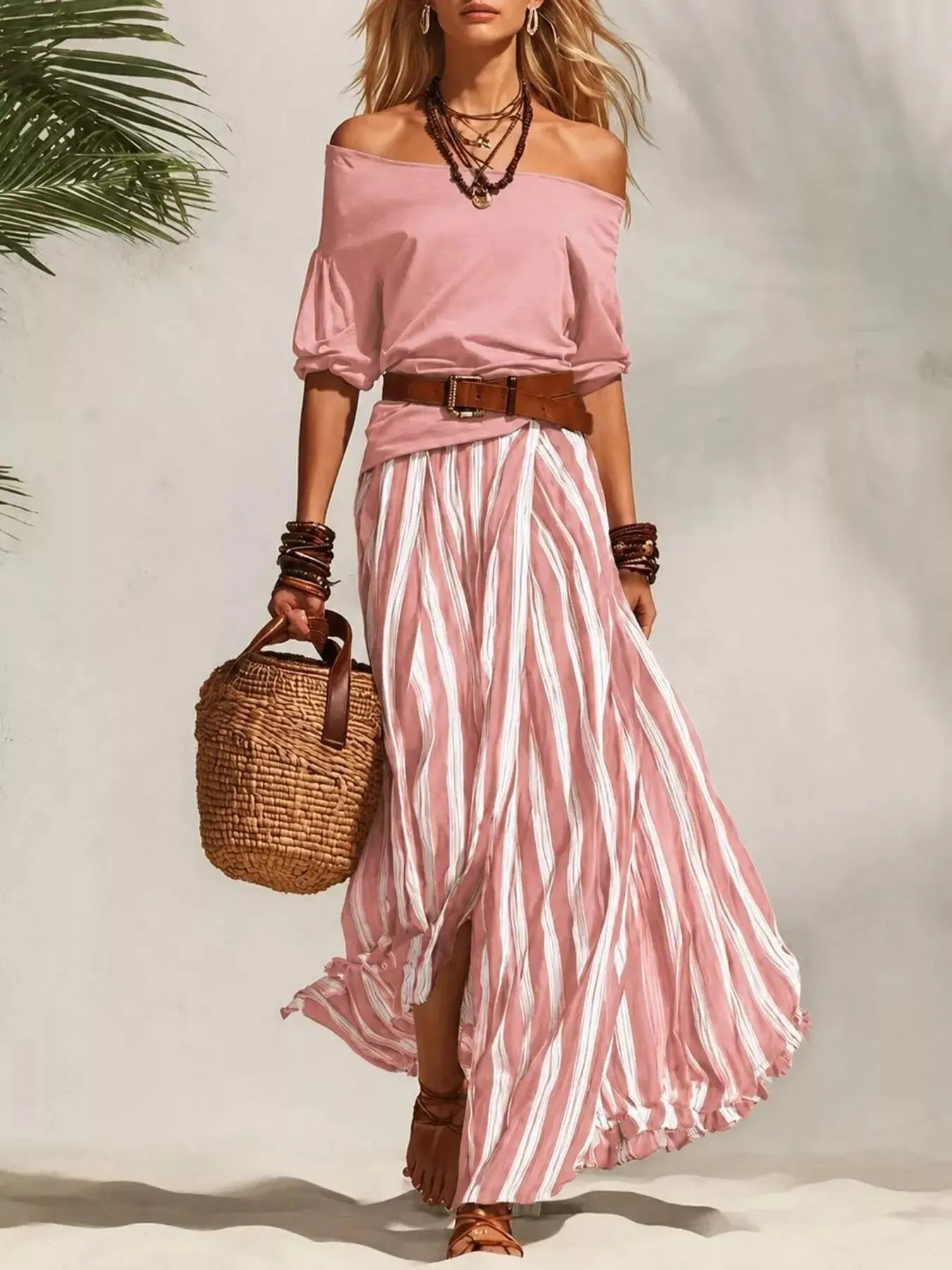 Women's Off-Shoulder Top & Striped Maxi Skirt Set – 9 Colors, S–2XL Vicsxox