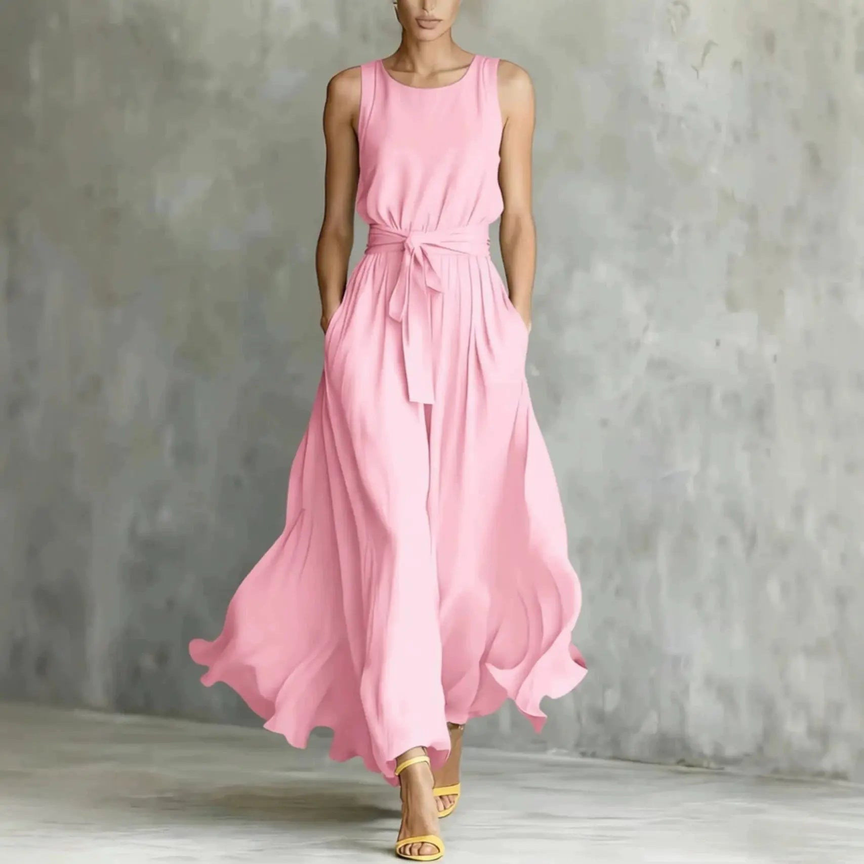 Pink dress worn by a model against a gray concrete wall.
