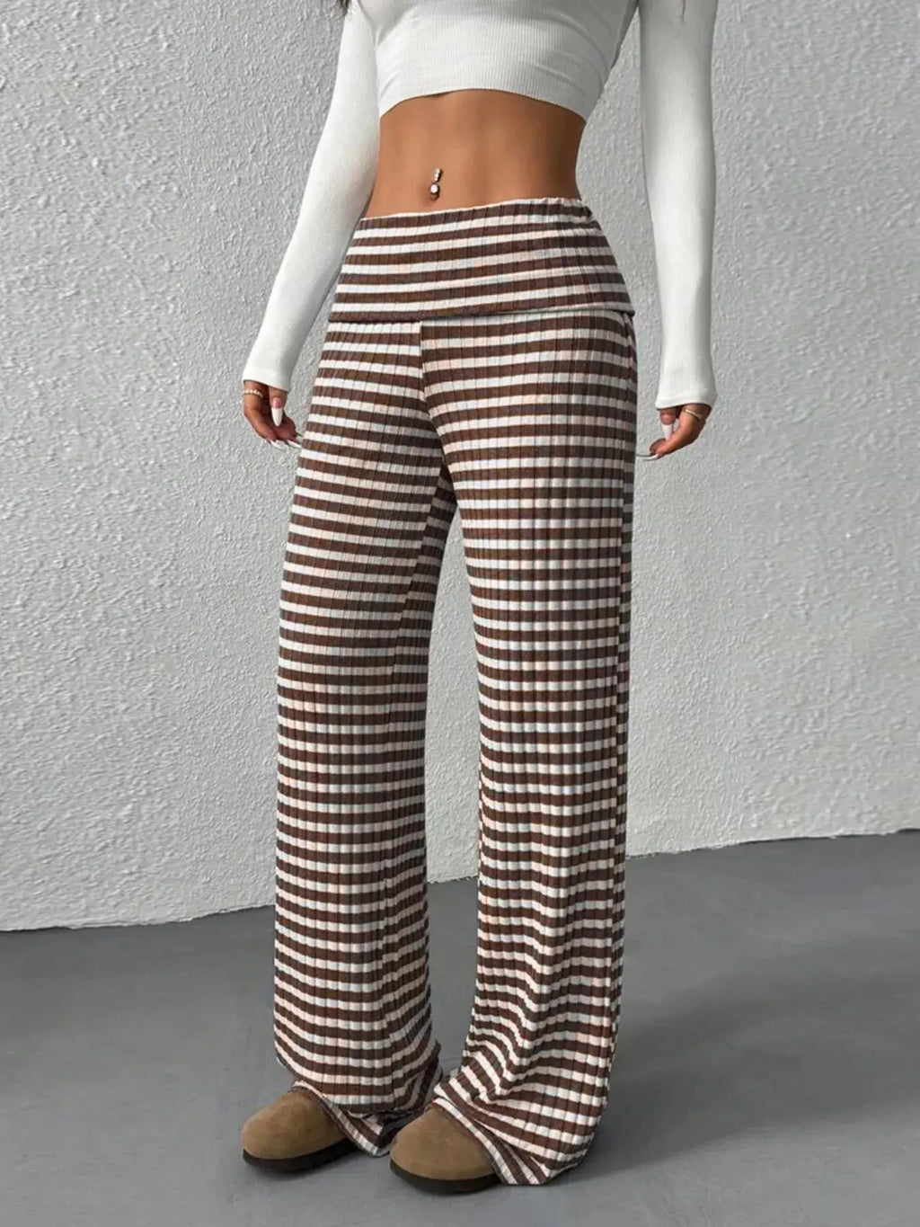 Striped wide leg pants, front view