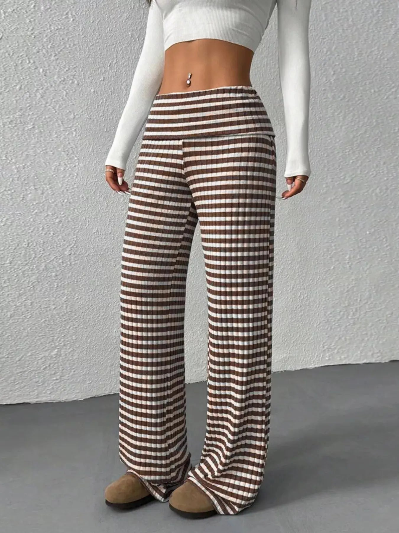 Striped wide leg pants, front view