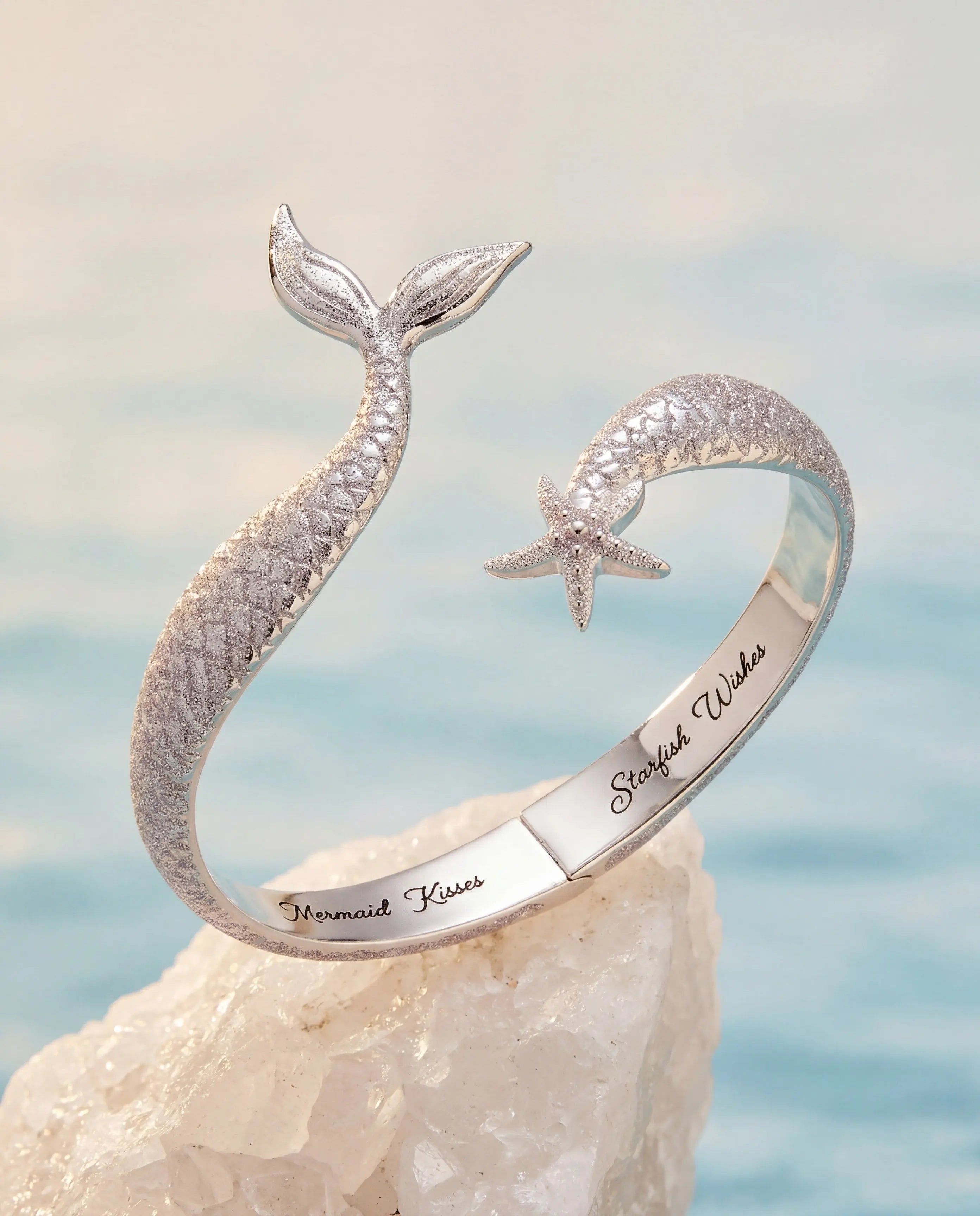 Mermaid & Starfish Silver Cuff Bracelet – Ocean-Inspired Design Vicsxox