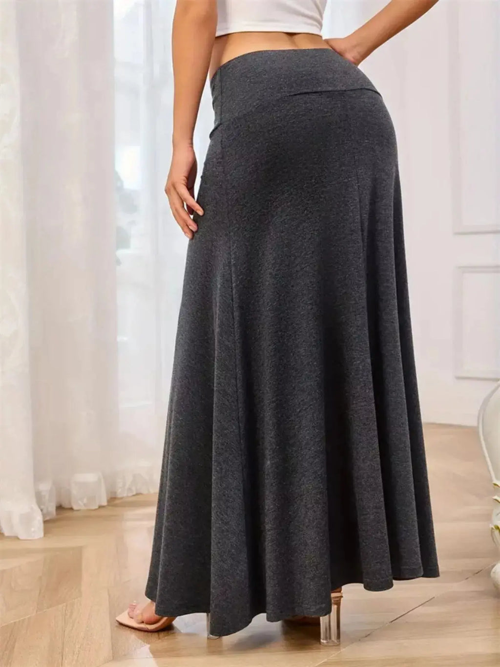 Flowy maxi skirt styled on model