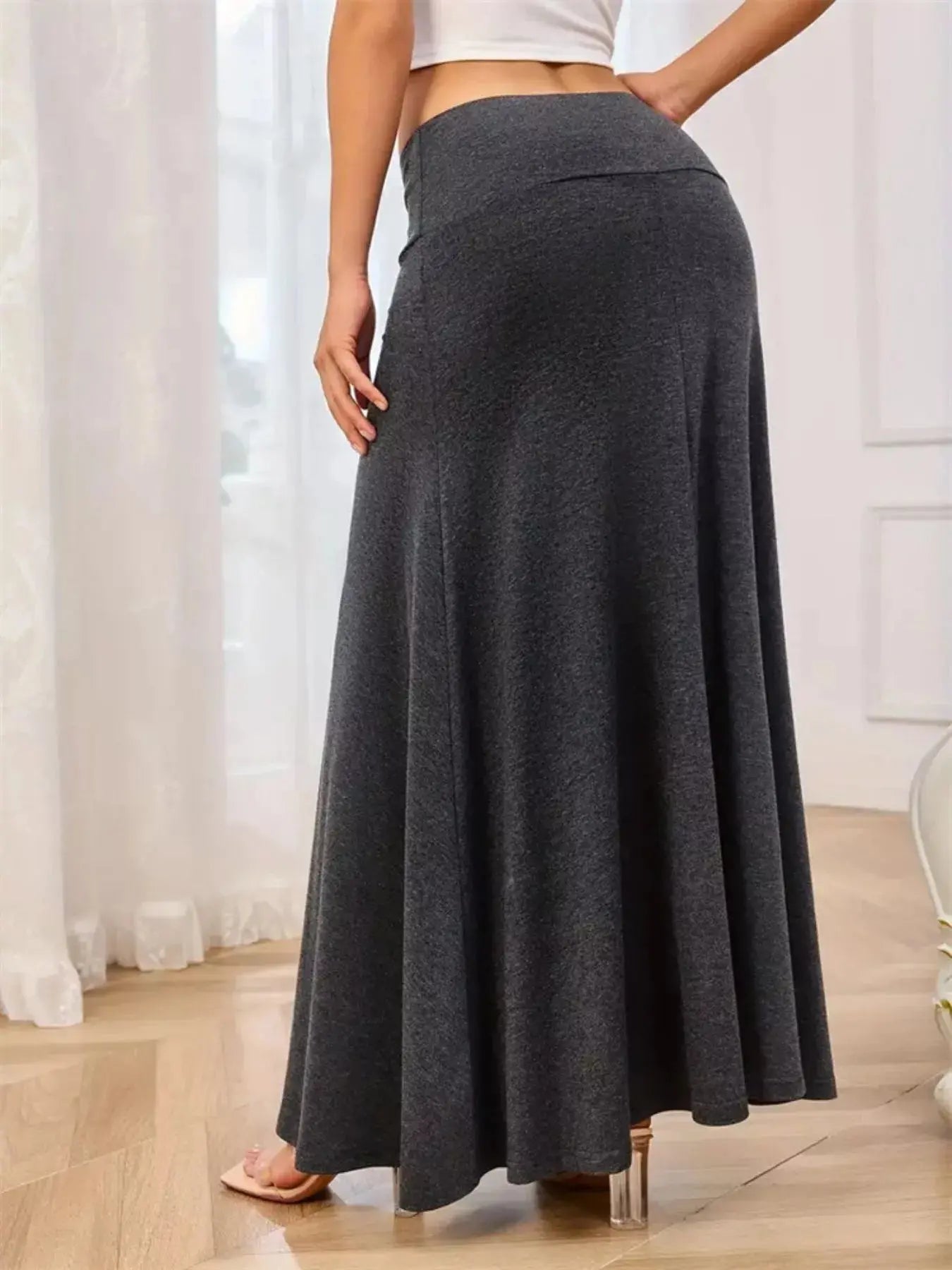 Flowy maxi skirt styled on model
