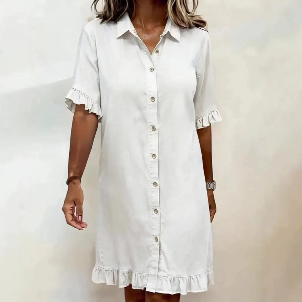 Women's Faux Denim Ruffle-Sleeve Shirt Dress Vicsxox