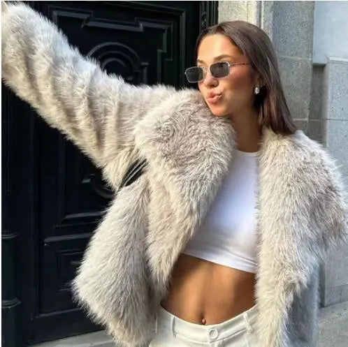 Women's Fluffy Faux Fur Coat | Oversized Lapel Jacket Vicsxox