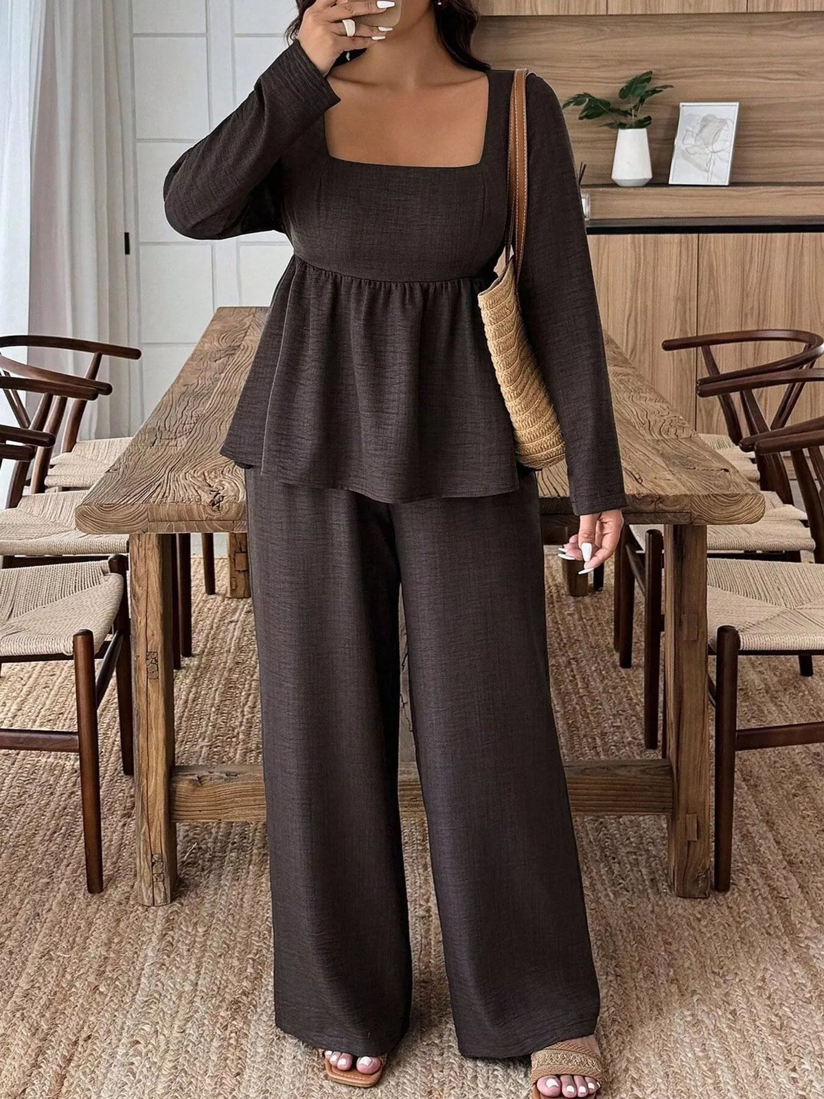 Plus Size Square-Neck Long-Sleeve Top & Pants Set