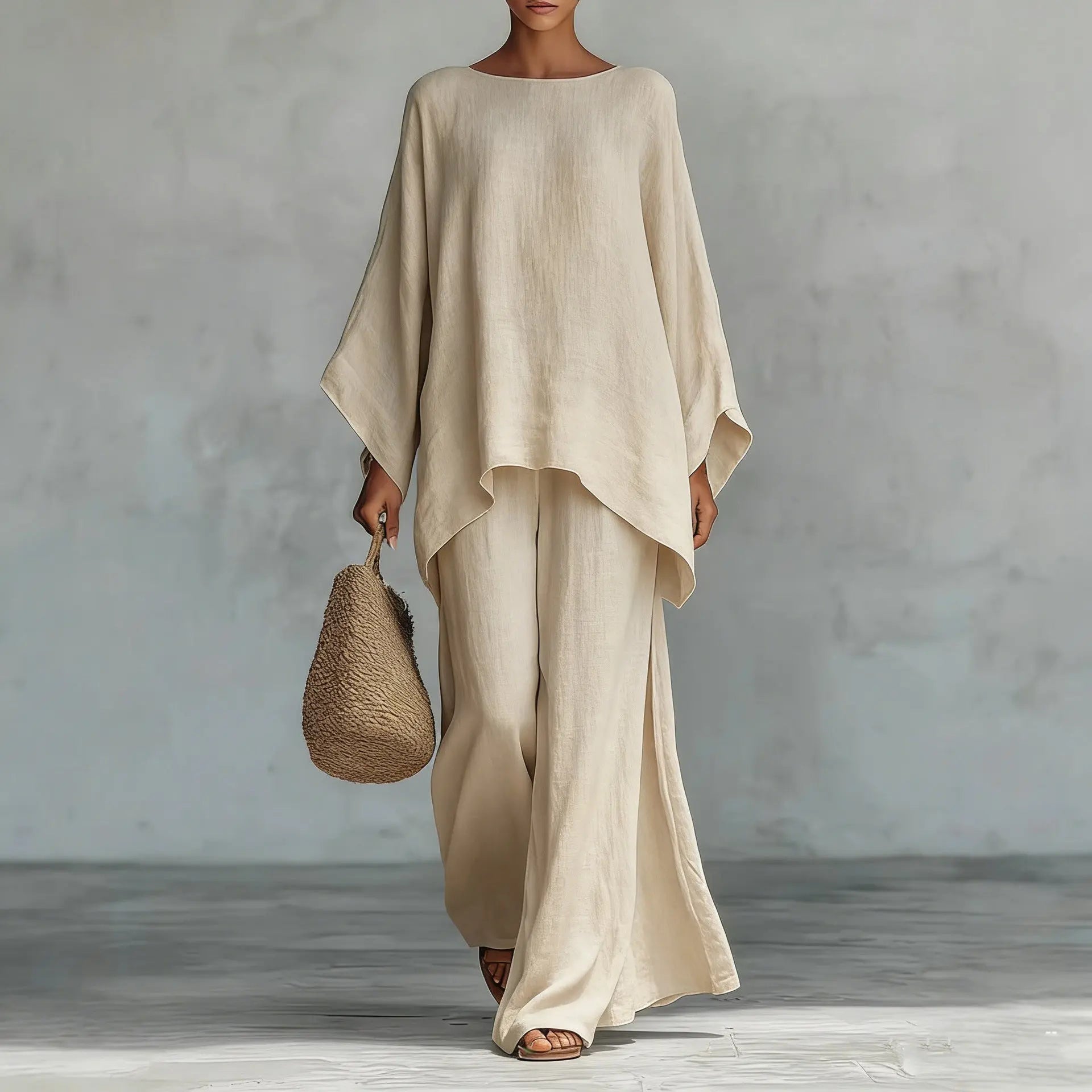 Person wearing a beige outfit holding a woven bag against a gray background
