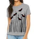 Women’s grey relaxed crewneck T-shirt with red-winged blackbirds perched among tall black reeds — Vicsxox.com