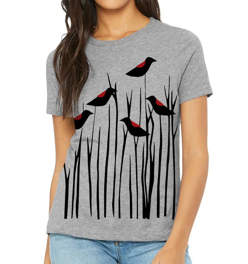 Women’s grey relaxed crewneck T-shirt with red-winged blackbirds perched among tall black reeds — Vicsxox.com