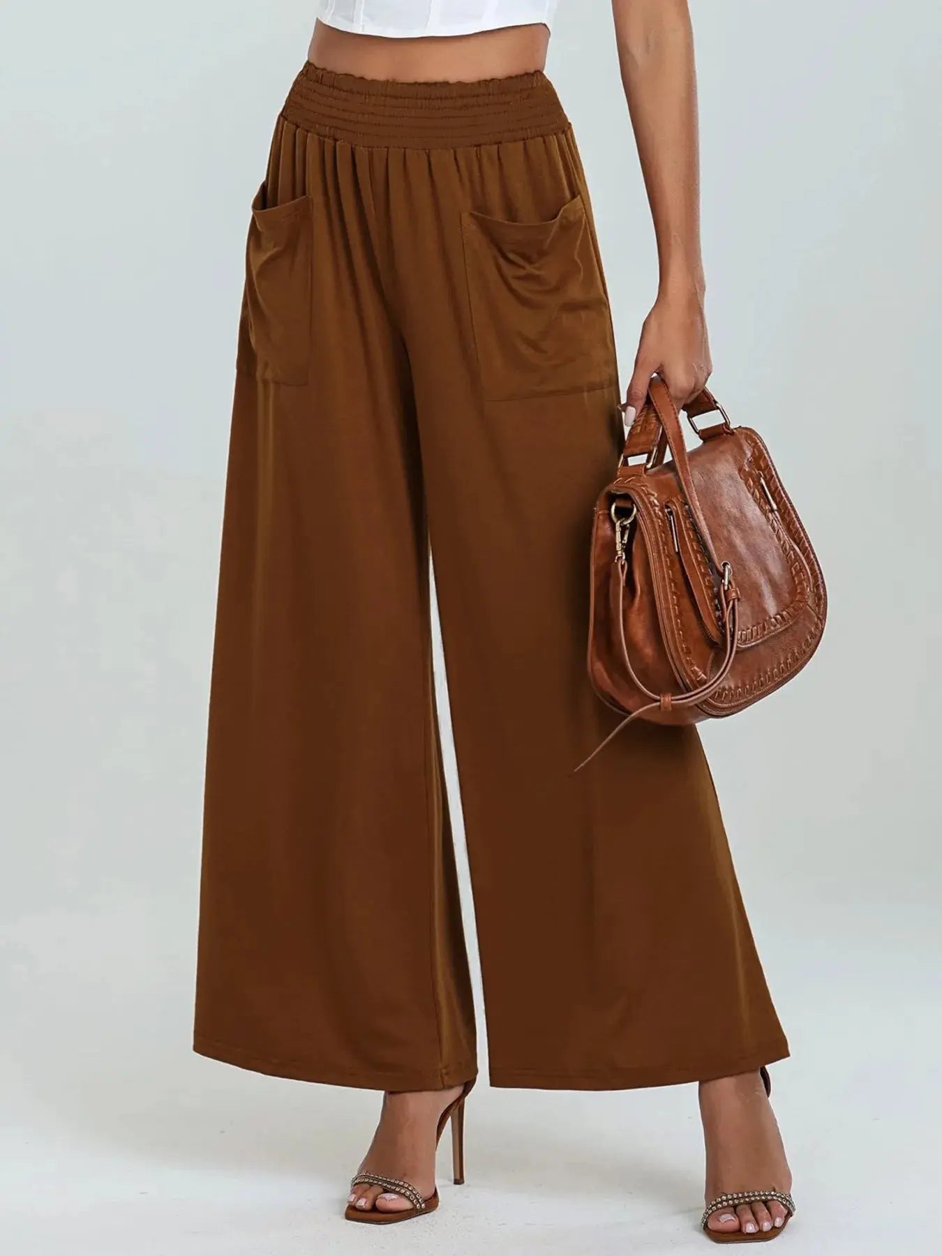 High-waisted wide leg pants with pockets, front view