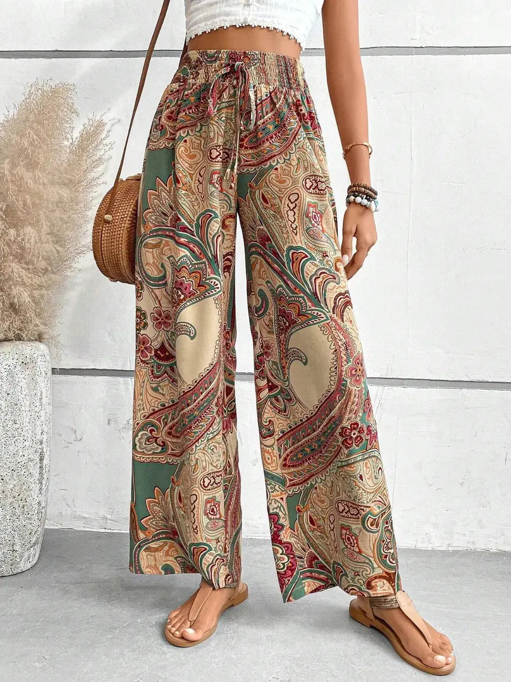 Printed wide leg pants, front view