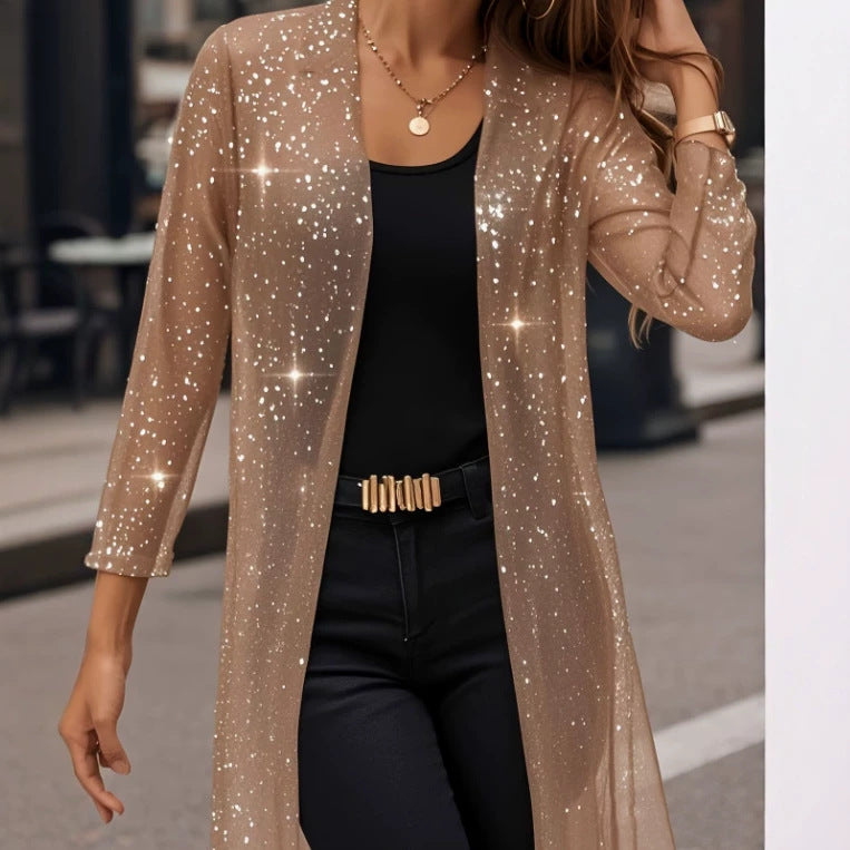 Women's Shimmering Mesh Long Open-Front Cardigan