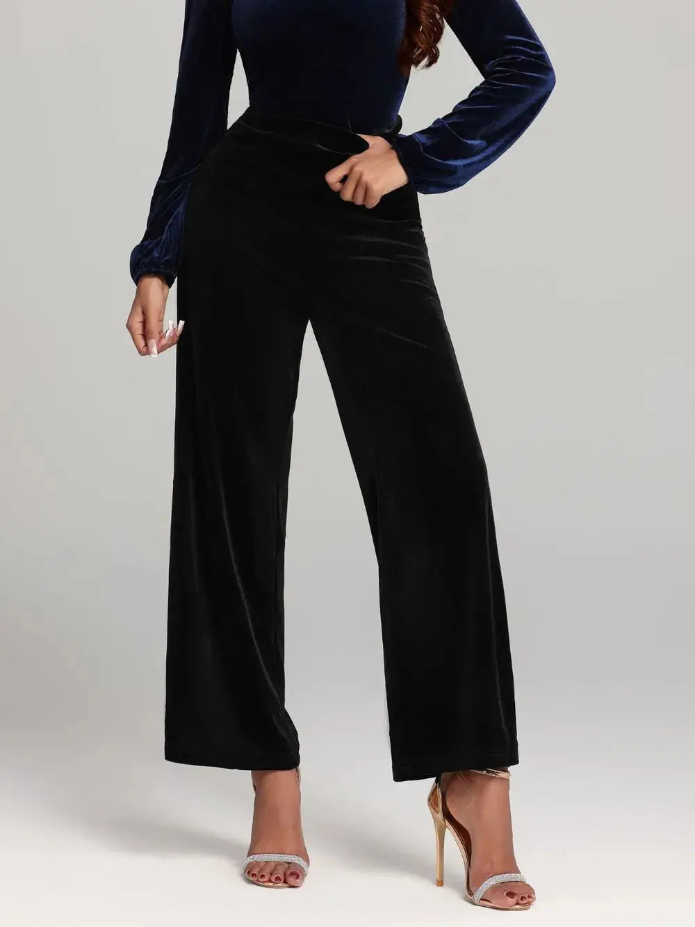 High waist wide leg pants styled on model