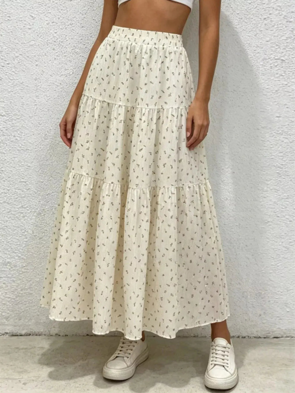 Floral print tiered flowy maxi skirt, front view
