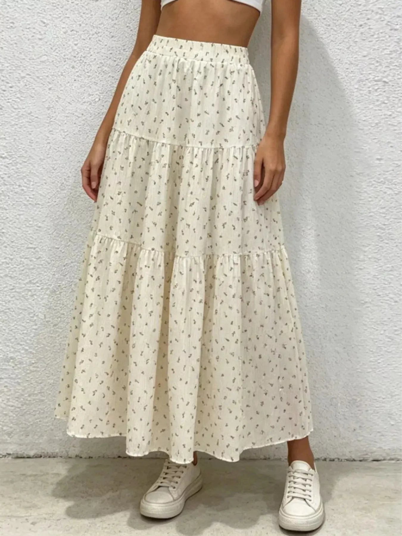 Floral print tiered flowy maxi skirt, front view