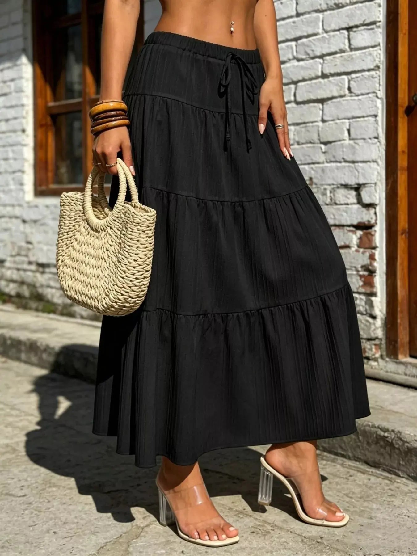 Tiered maxi skirt styled on model