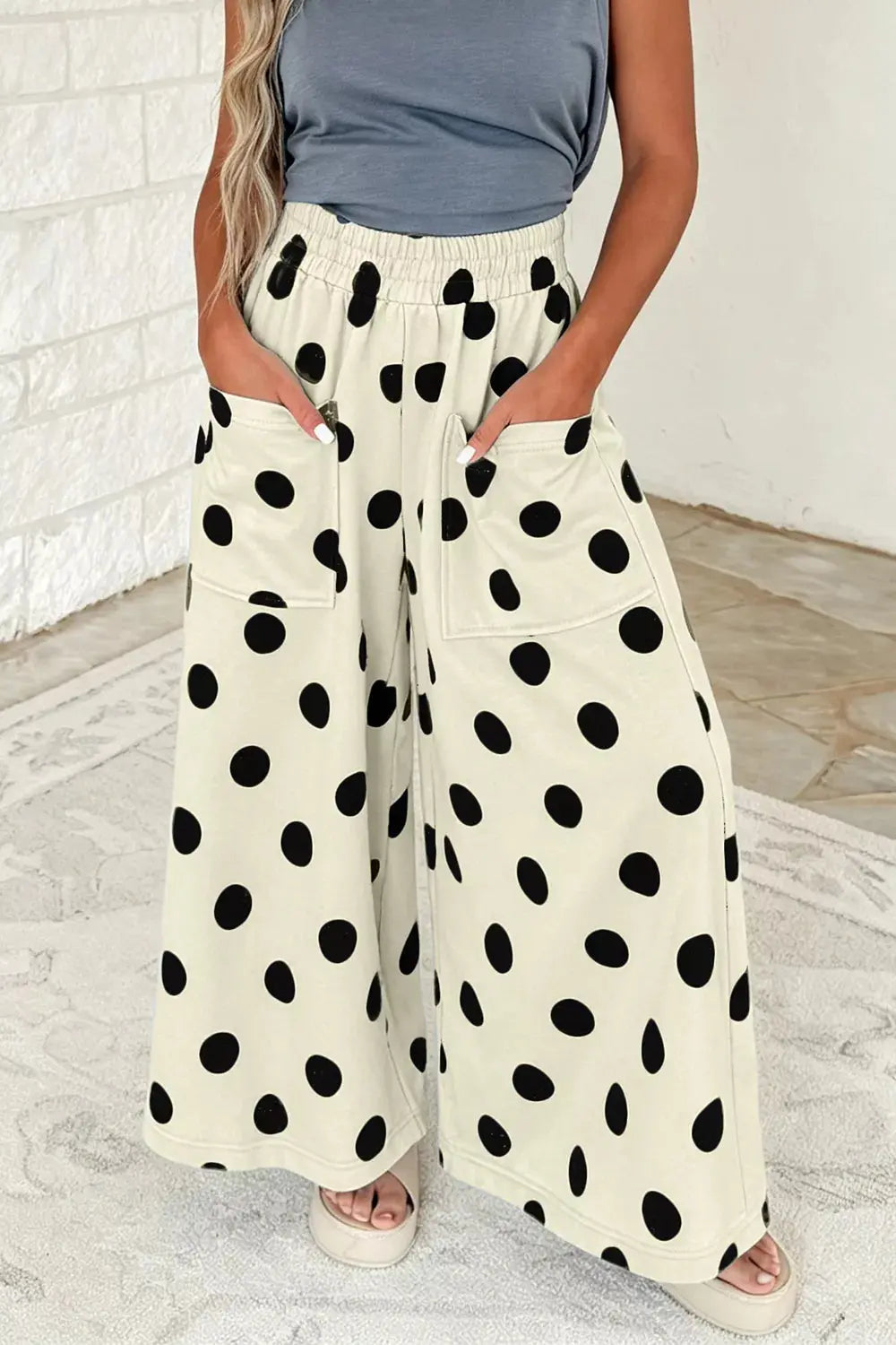 Polka dot wide leg elastic waist casual pants, front view