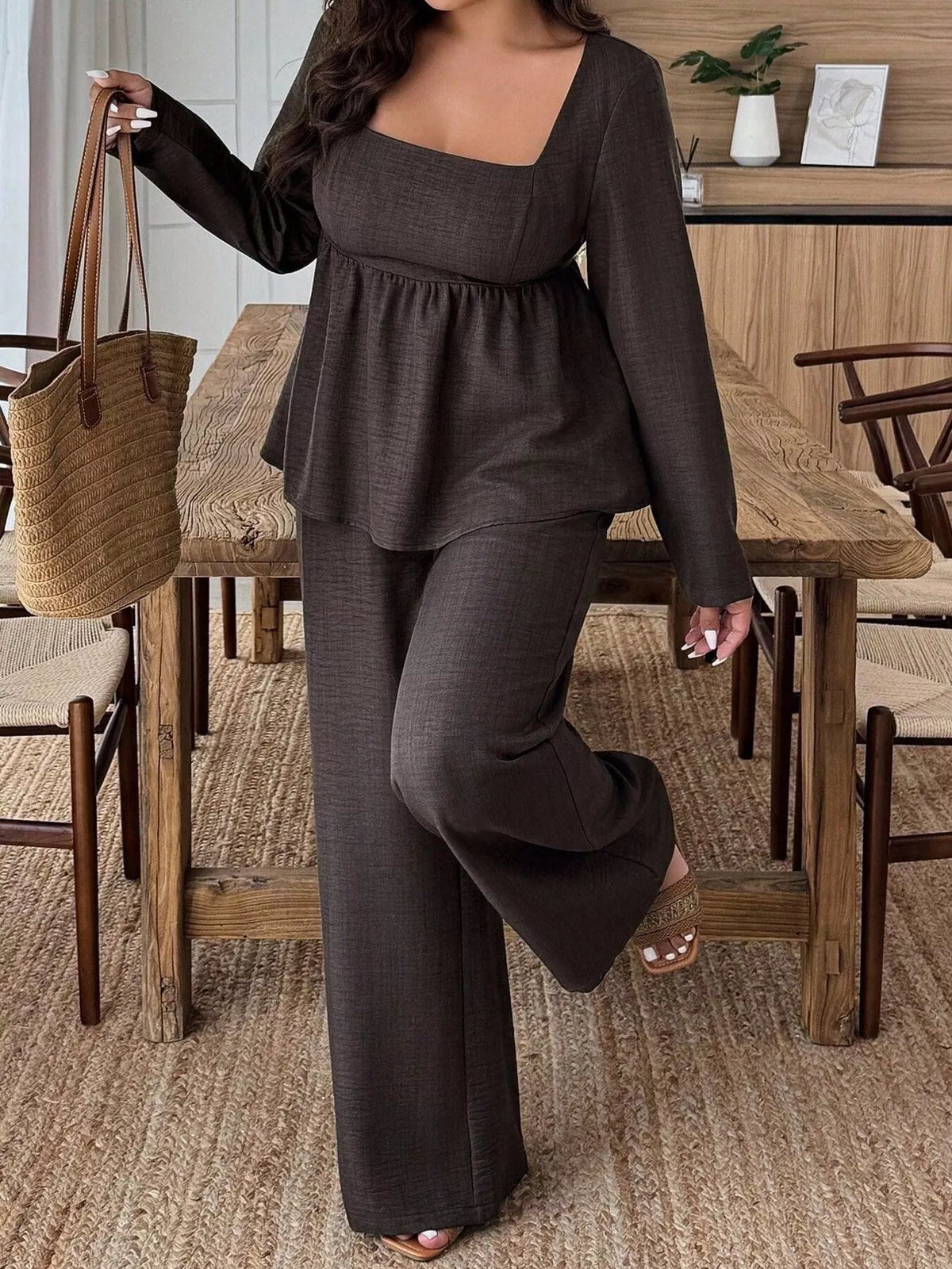 Plus Size Square-Neck Long-Sleeve Top & Pants Set
