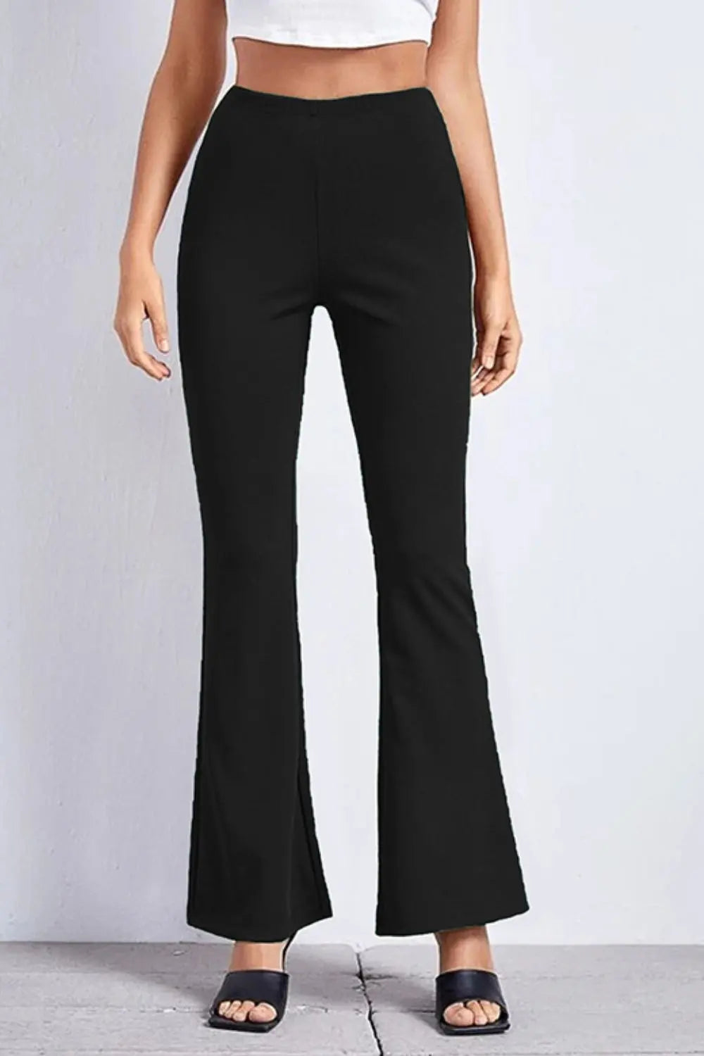 High rise flare pants styled on model